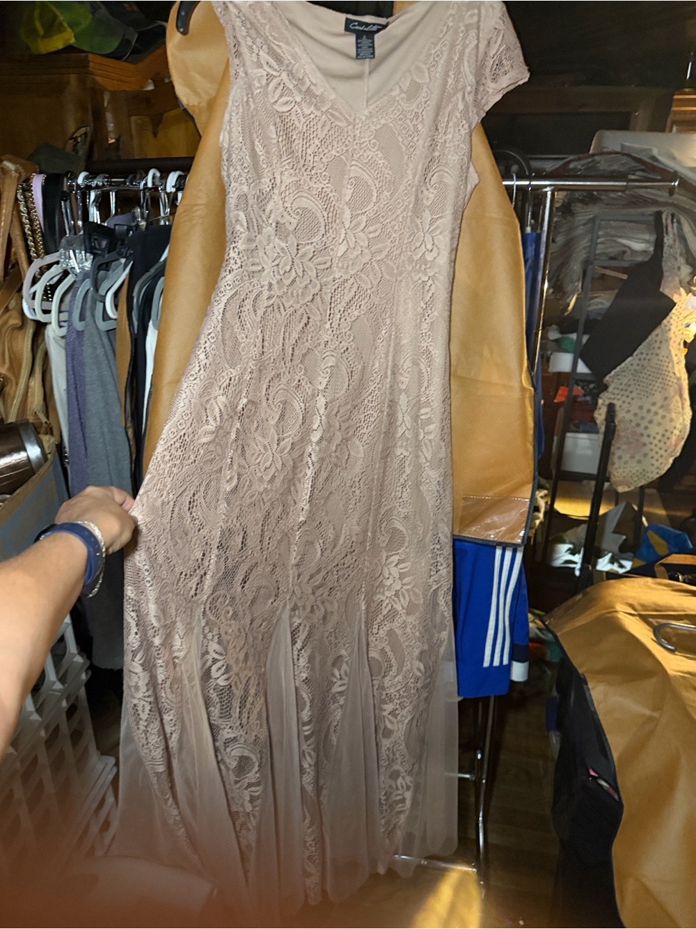 Candalite Lace Cap-Sleeve Prom Dress in Blush
